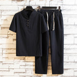 Simple Style Men Cotton Linen Solid Sets