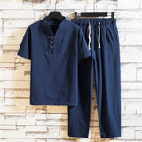 Simple Style Men Cotton Linen Solid Sets